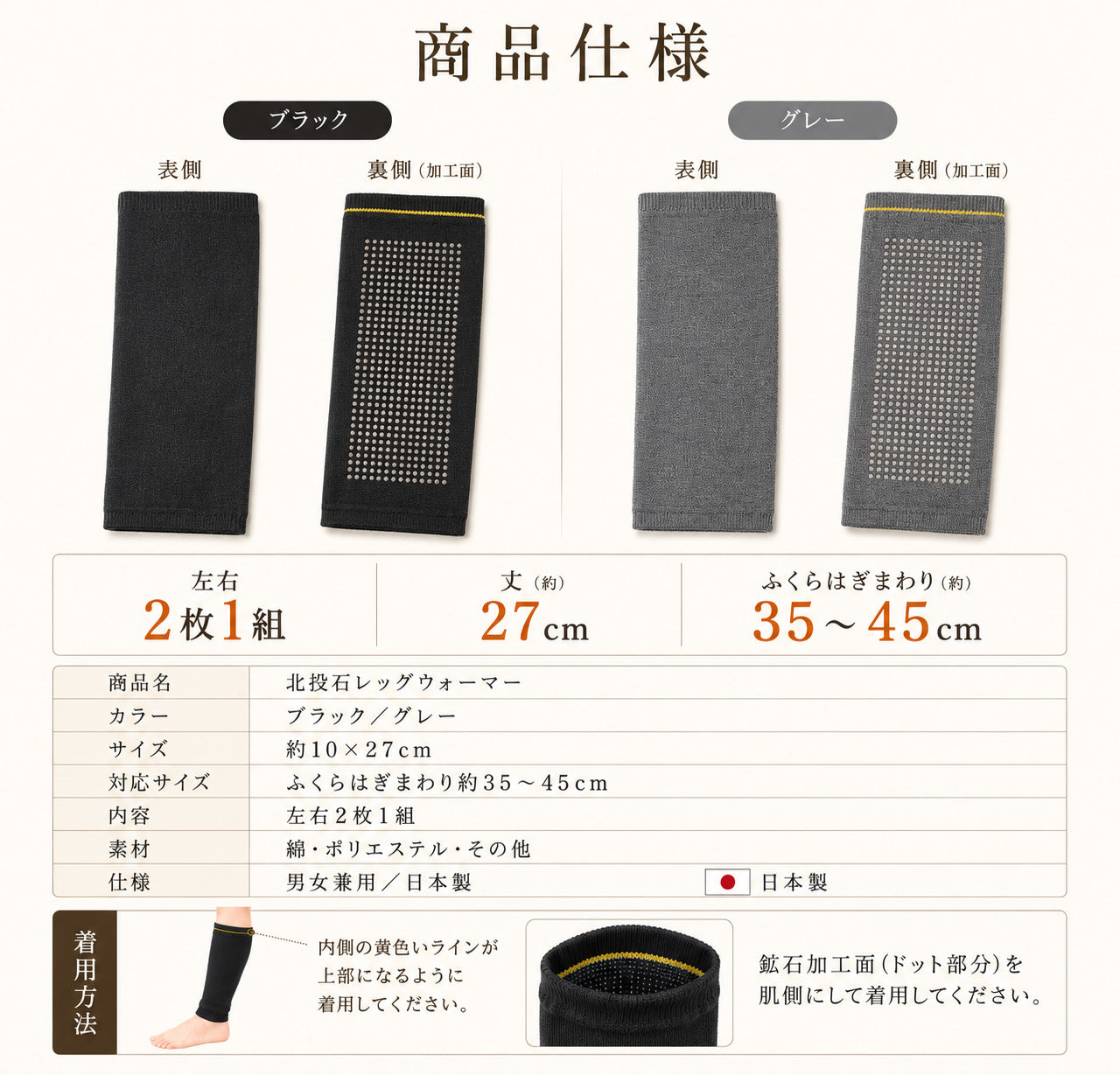 北投石レッグウォーマーのブラックとグレーの商品仕様