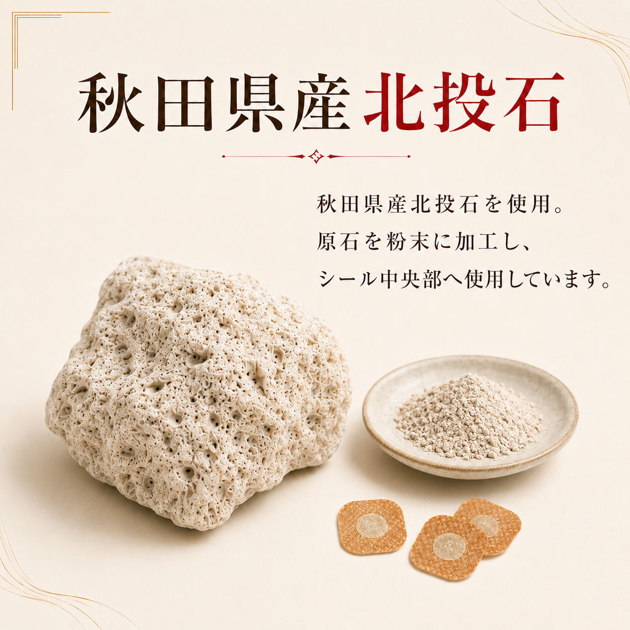 秋田県産北投石の原石と粉末を使用した貼る岩盤浴シールの素材説明